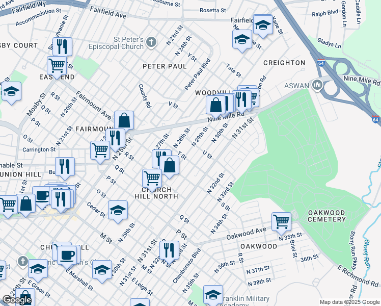 map of restaurants, bars, coffee shops, grocery stores, and more near 1413 North 29th Street in Richmond