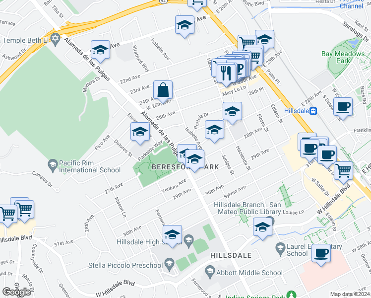 map of restaurants, bars, coffee shops, grocery stores, and more near 430 27th Avenue in San Mateo