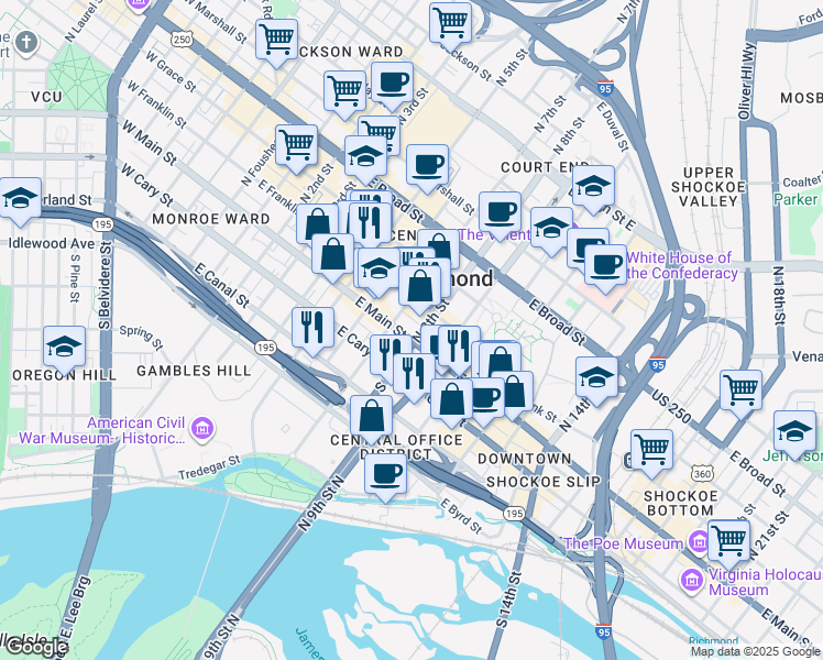 map of restaurants, bars, coffee shops, grocery stores, and more near 728 East Main Street in Richmond