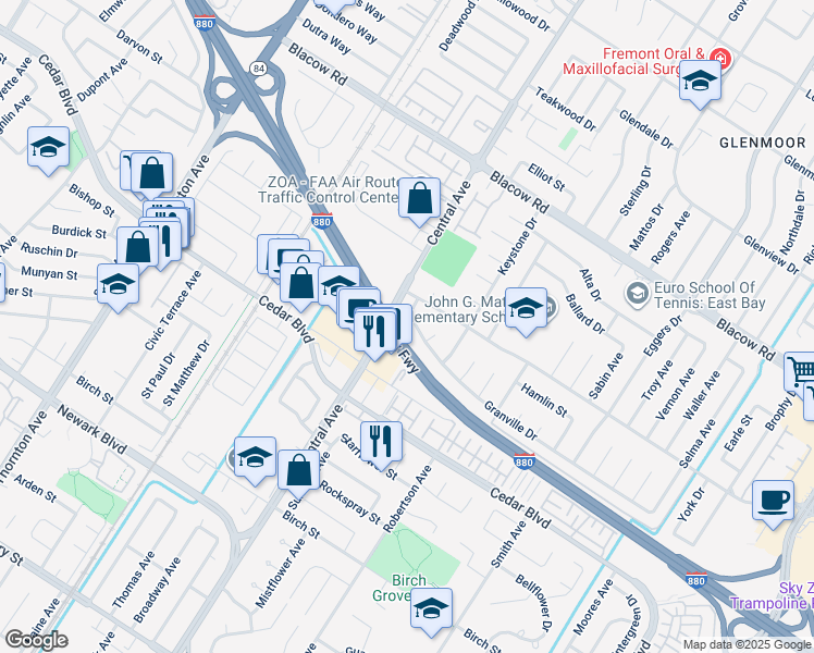 map of restaurants, bars, coffee shops, grocery stores, and more near 37659 Granville Drive in Fremont