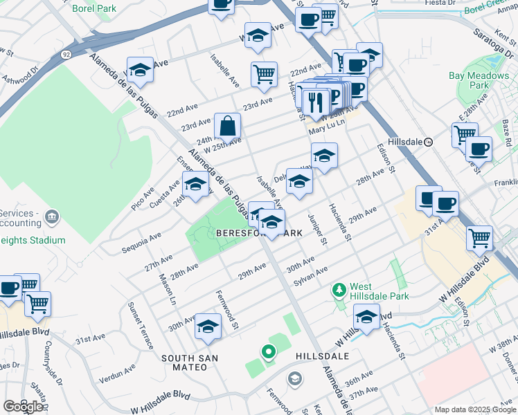 map of restaurants, bars, coffee shops, grocery stores, and more near 430 27th Avenue in San Mateo