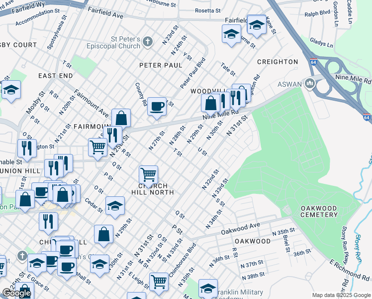 map of restaurants, bars, coffee shops, grocery stores, and more near 1413 North 29th Street in Richmond