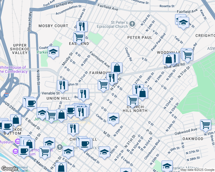 map of restaurants, bars, coffee shops, grocery stores, and more near 2415 Carrington Street in Richmond