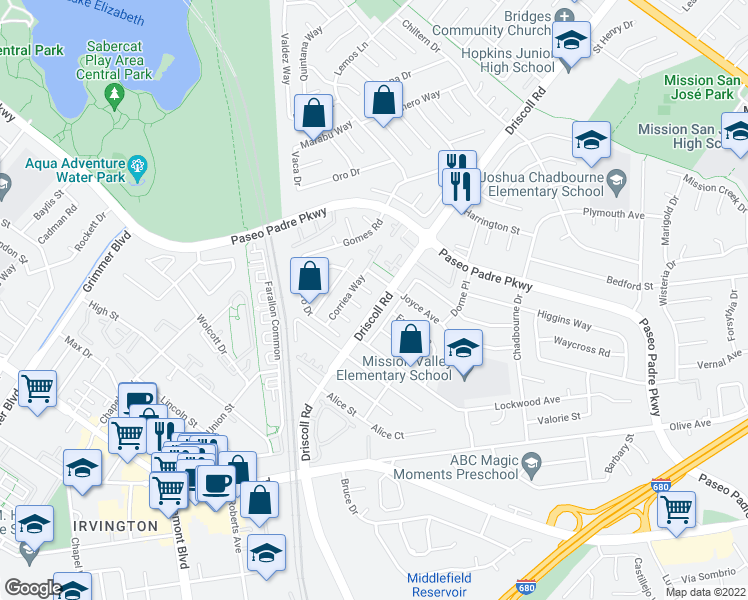 map of restaurants, bars, coffee shops, grocery stores, and more near 2395 Plumleigh Drive in Fremont