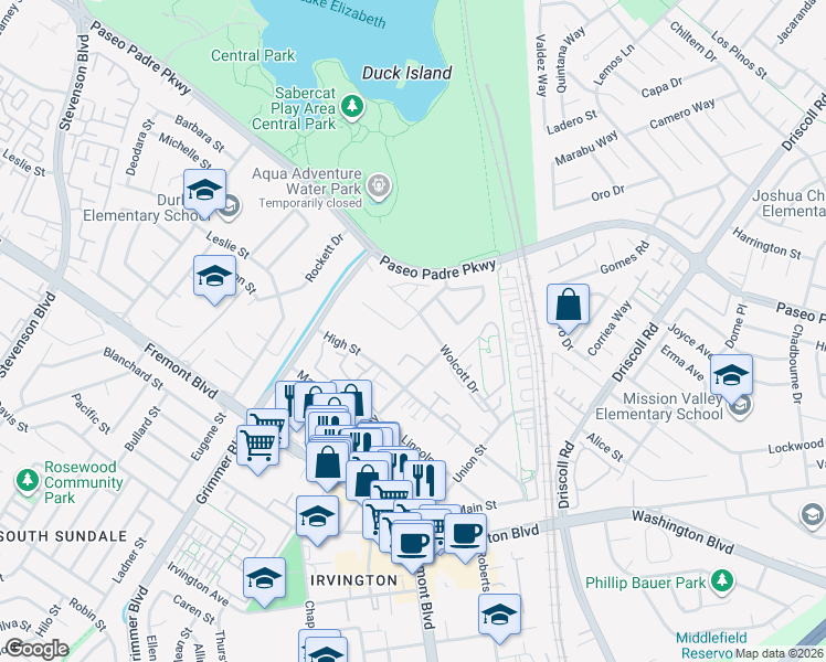 map of restaurants, bars, coffee shops, grocery stores, and more near 3110 Hancock Place in Fremont