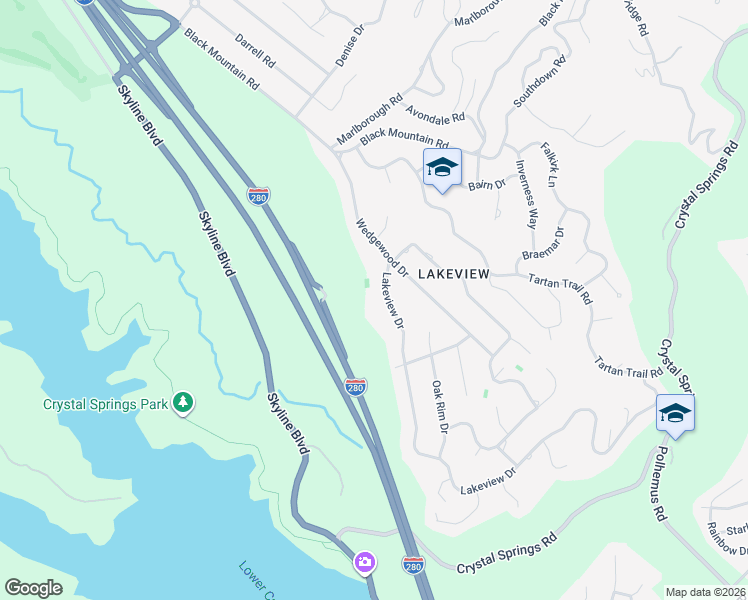 map of restaurants, bars, coffee shops, grocery stores, and more near 1565 Lakeview Drive in Hillsborough