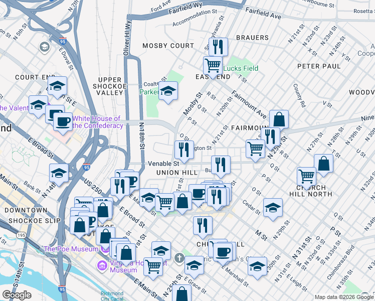 map of restaurants, bars, coffee shops, grocery stores, and more near 1921 Carrington Street in Richmond