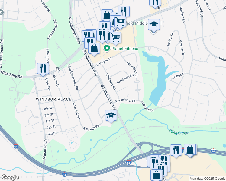 map of restaurants, bars, coffee shops, grocery stores, and more near 304 Glinhurst Road in Richmond