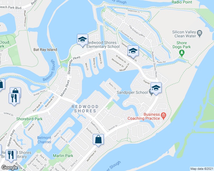 map of restaurants, bars, coffee shops, grocery stores, and more near 530 Baltic Circle in Redwood City