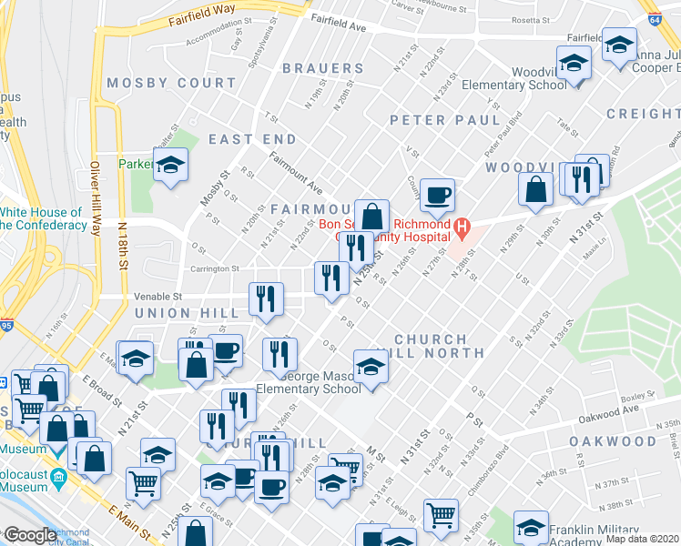 map of restaurants, bars, coffee shops, grocery stores, and more near 1116 North 25th Street in Richmond