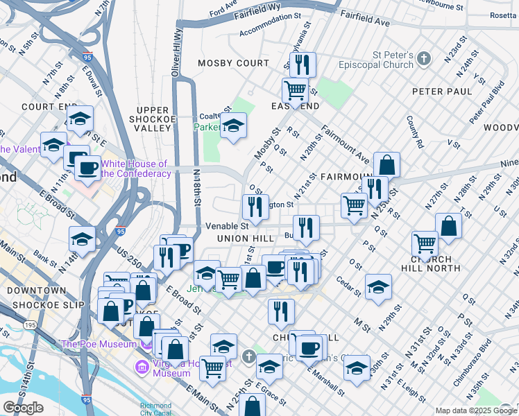 map of restaurants, bars, coffee shops, grocery stores, and more near 1921 Carrington Street in Richmond