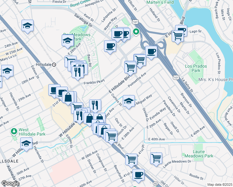 map of restaurants, bars, coffee shops, grocery stores, and more near 118 East Hillsdale Boulevard in San Mateo