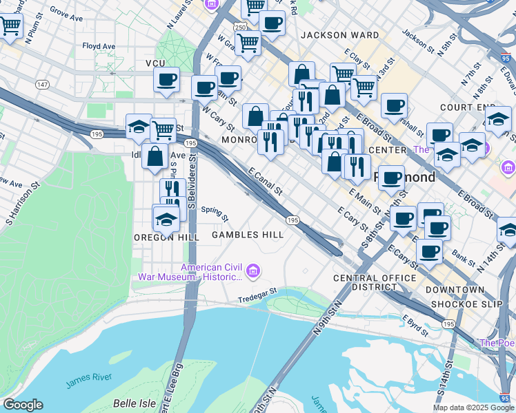 map of restaurants, bars, coffee shops, grocery stores, and more near 317 South 2nd Street in Richmond