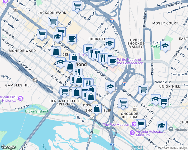 map of restaurants, bars, coffee shops, grocery stores, and more near in Richmond