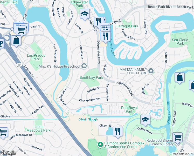 map of restaurants, bars, coffee shops, grocery stores, and more near 697 Sandy Hook Court in Foster City