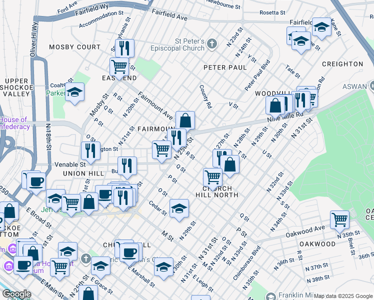 map of restaurants, bars, coffee shops, grocery stores, and more near 1204 North 26th Street in Richmond