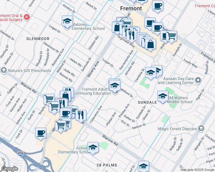 map of restaurants, bars, coffee shops, grocery stores, and more near 4635 Calaveras Avenue in Fremont