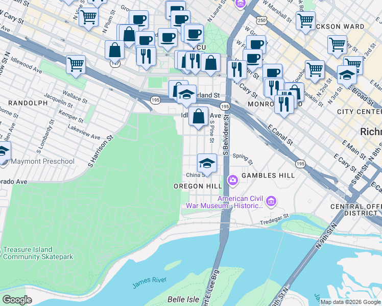 map of restaurants, bars, coffee shops, grocery stores, and more near 817 Spring Street in Richmond