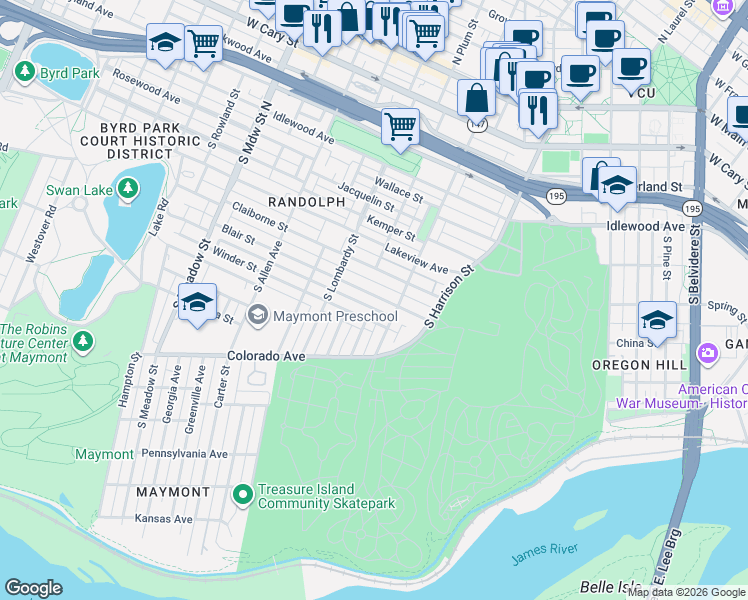 map of restaurants, bars, coffee shops, grocery stores, and more near 1409 Blair Street in Richmond