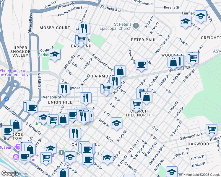 map of restaurants, bars, coffee shops, grocery stores, and more near 2415 Carrington Street in Richmond
