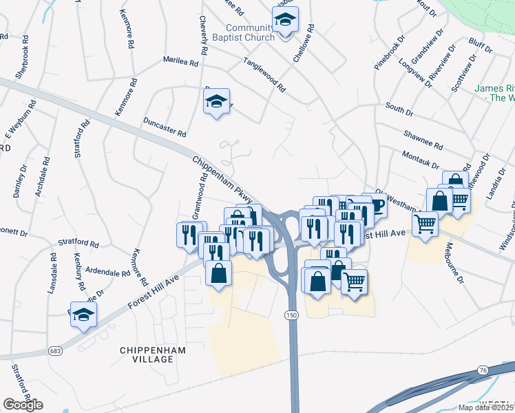 map of restaurants, bars, coffee shops, grocery stores, and more near 7201 Chippenham Parkway in Richmond