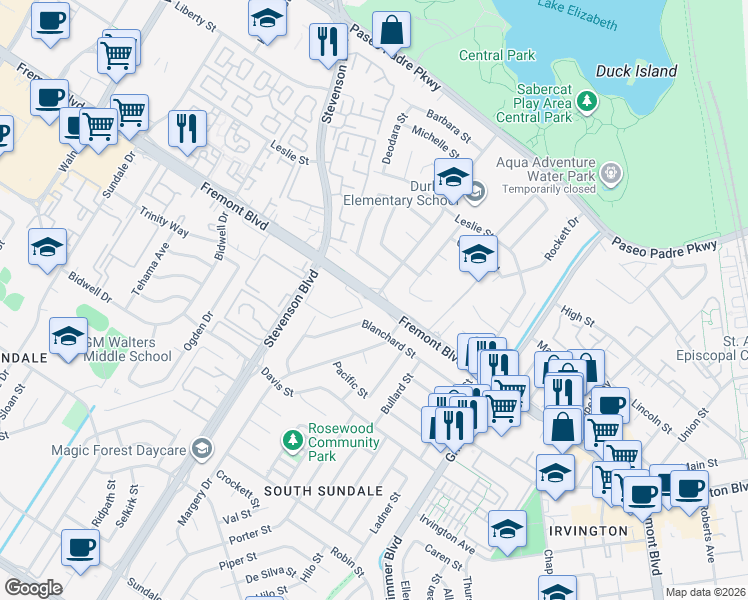 map of restaurants, bars, coffee shops, grocery stores, and more near Fremont Blvd & Mission View Dr in Fremont