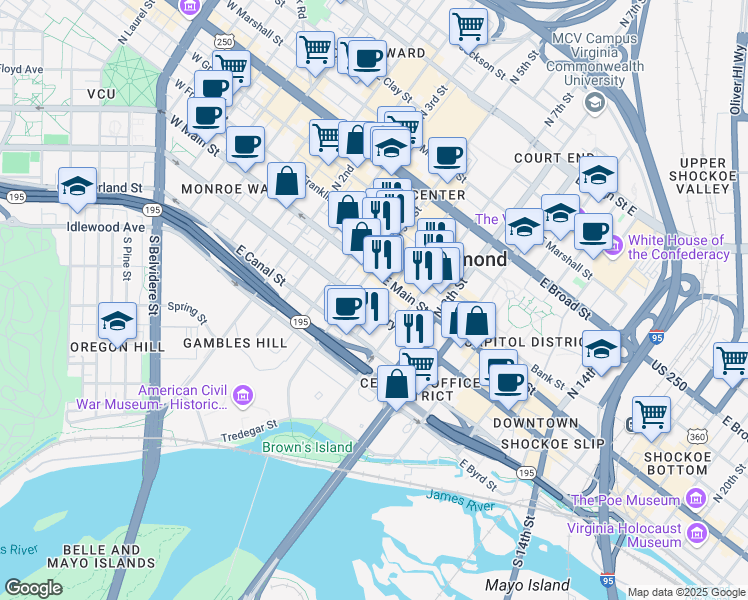 map of restaurants, bars, coffee shops, grocery stores, and more near 107 South 5th Street in Richmond