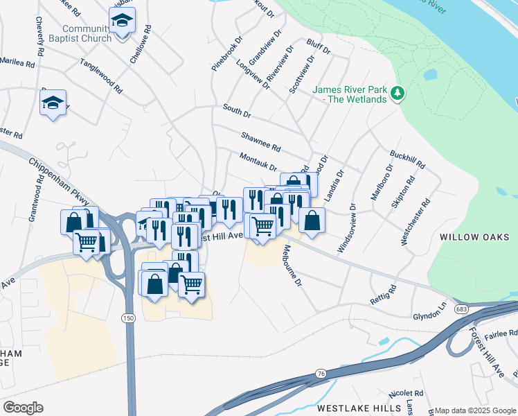 map of restaurants, bars, coffee shops, grocery stores, and more near 6900 Stratford Townes Place in Richmond