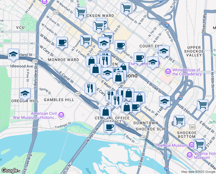 map of restaurants, bars, coffee shops, grocery stores, and more near 620 East Cary Street in Richmond