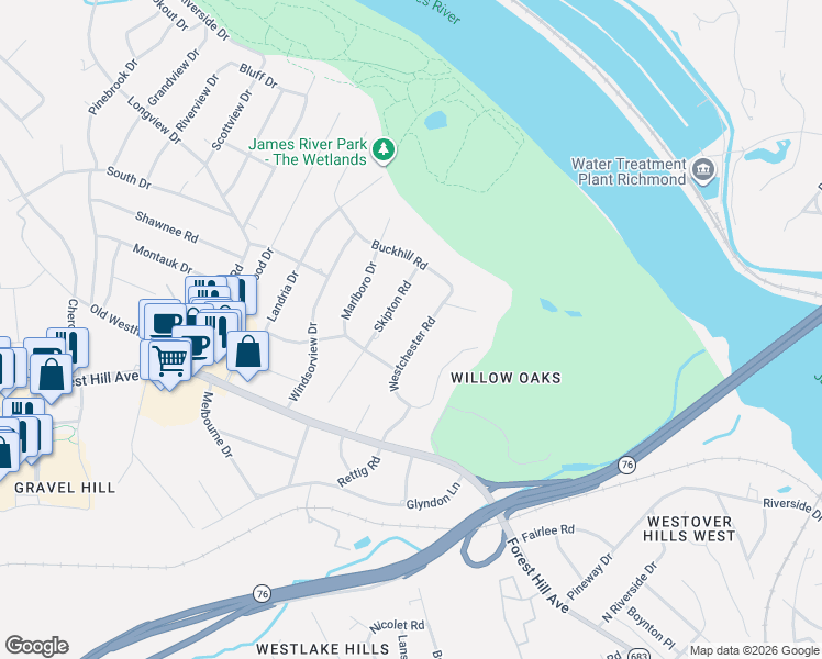 map of restaurants, bars, coffee shops, grocery stores, and more near 2930 Westchester Road in Richmond