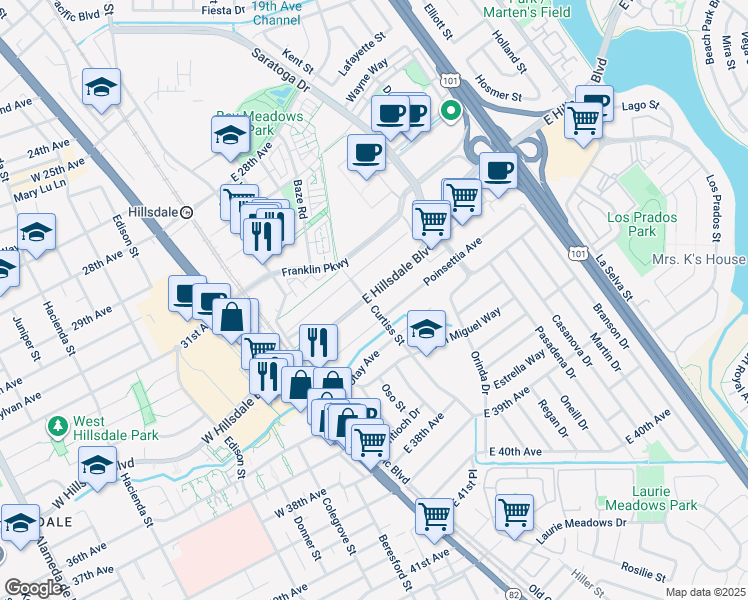 map of restaurants, bars, coffee shops, grocery stores, and more near 118 East Hillsdale Boulevard in San Mateo