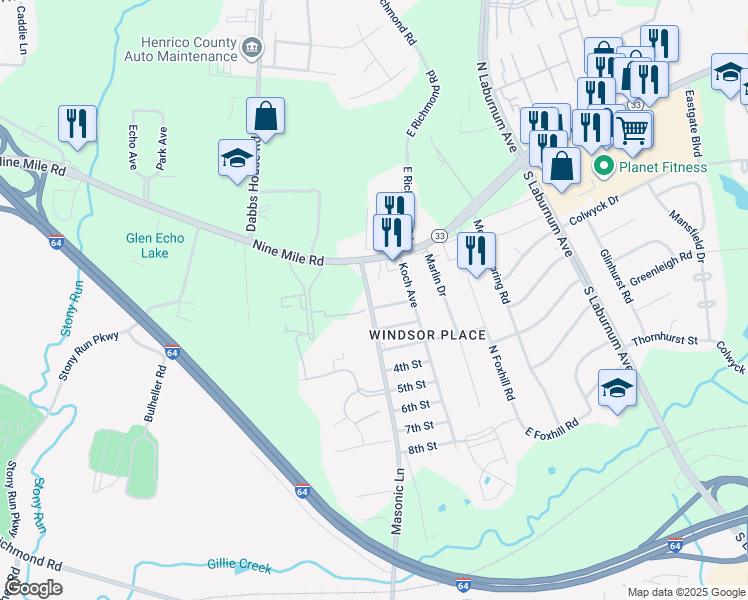 map of restaurants, bars, coffee shops, grocery stores, and more near 17 Masonic Lane in Richmond