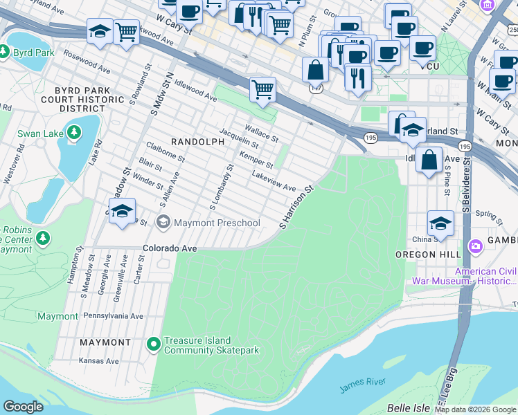 map of restaurants, bars, coffee shops, grocery stores, and more near 1310 Blair Street in Richmond