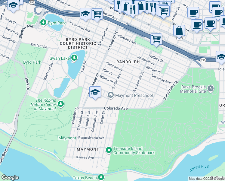 map of restaurants, bars, coffee shops, grocery stores, and more near 1116 Sumpter Street in Richmond