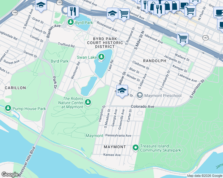 map of restaurants, bars, coffee shops, grocery stores, and more near 1307 Hampton Street in Richmond