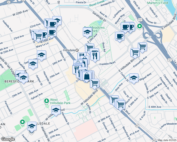 map of restaurants, bars, coffee shops, grocery stores, and more near 3025 South El Camino Real in San Mateo