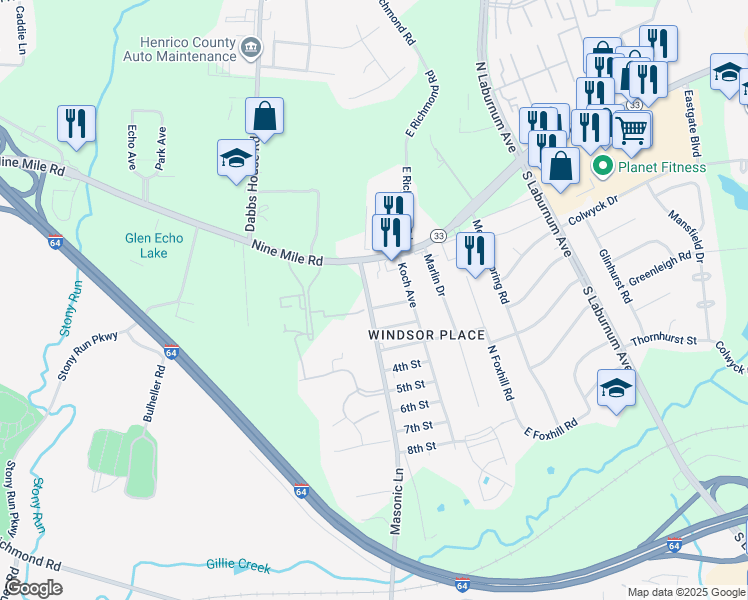 map of restaurants, bars, coffee shops, grocery stores, and more near 17 Masonic Lane in Richmond