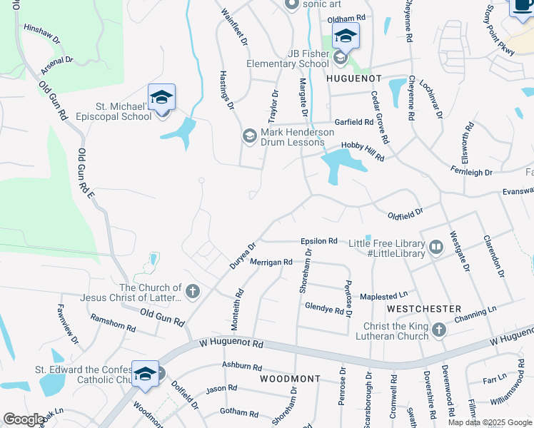 map of restaurants, bars, coffee shops, grocery stores, and more near 10300 Duryea Drive in Richmond