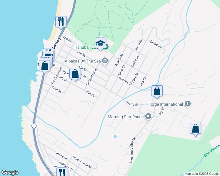 map of restaurants, bars, coffee shops, grocery stores, and more near 1296 Birch Street in Montara