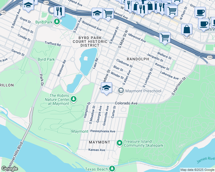 map of restaurants, bars, coffee shops, grocery stores, and more near 1202 Georgia Avenue in Richmond