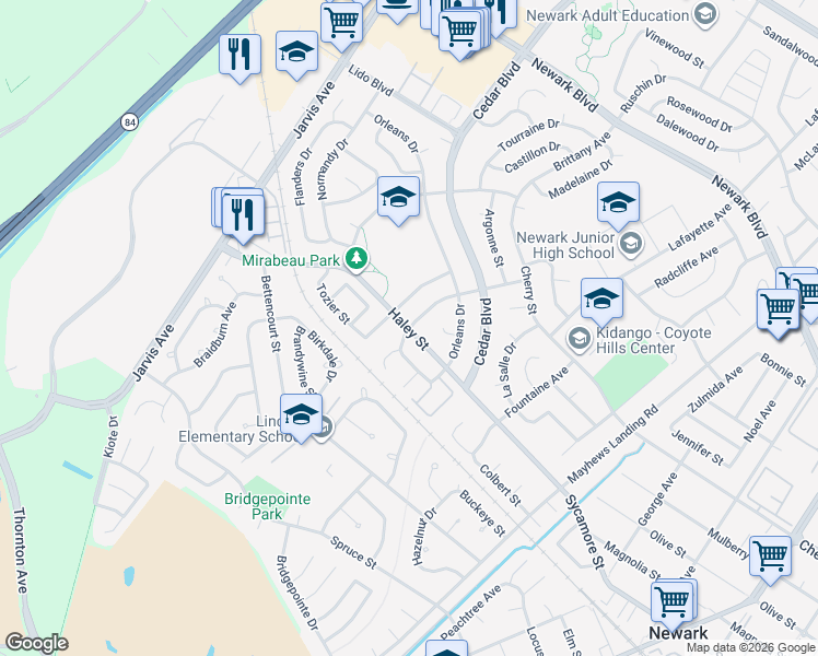 map of restaurants, bars, coffee shops, grocery stores, and more near Haley Street in Newark