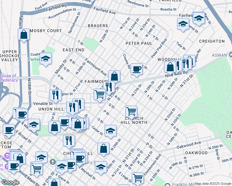 map of restaurants, bars, coffee shops, grocery stores, and more near 1204 North 26th Street in Richmond
