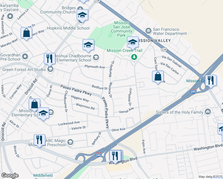 map of restaurants, bars, coffee shops, grocery stores, and more near 974 Bedford Street in Fremont
