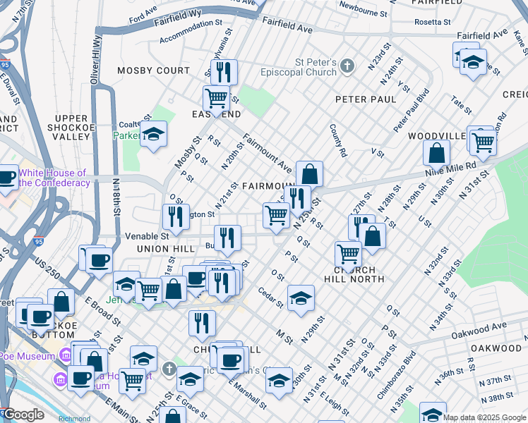 map of restaurants, bars, coffee shops, grocery stores, and more near 1097 North 23rd Street in Richmond