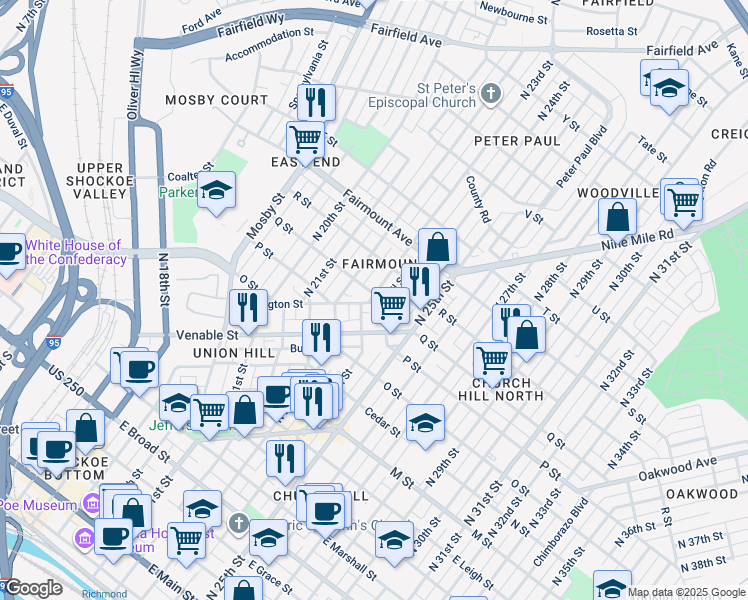 map of restaurants, bars, coffee shops, grocery stores, and more near 1097 North 23rd Street in Richmond