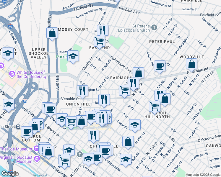 map of restaurants, bars, coffee shops, grocery stores, and more near 966 Pink Street in Richmond