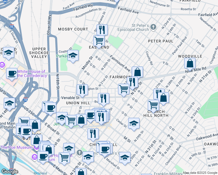 map of restaurants, bars, coffee shops, grocery stores, and more near 966 Pink Street in Richmond