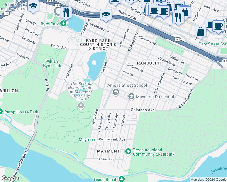 map of restaurants, bars, coffee shops, grocery stores, and more near 1204 Georgia Avenue in Richmond