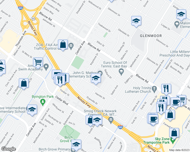 map of restaurants, bars, coffee shops, grocery stores, and more near 37944 Farwell Drive in Fremont