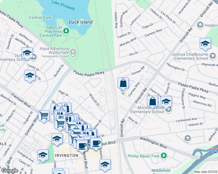 map of restaurants, bars, coffee shops, grocery stores, and more near 40860 Ingersoll Terrace in Fremont